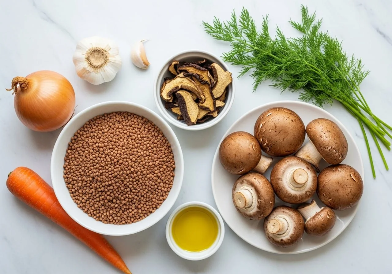 Ingredients for meatless buckwheat and mushroom holubtsi: buckwheat groats, dried porcini, fresh mushrooms, onion, carrot, garlic and dill on white marble
