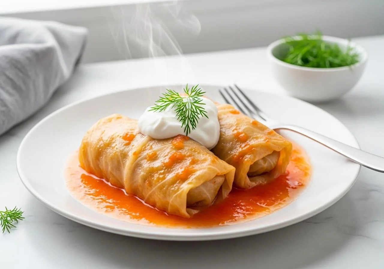 Two healthy Ukrainian holubtsi served on a white plate with light tomato sauce, a dollop of Greek yogurt and fresh dill
