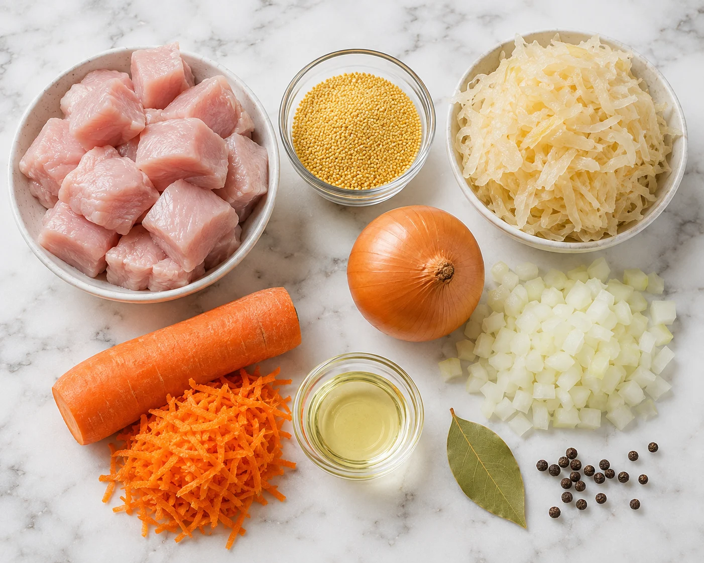 A flat-lay of raw kapusniak ingredients arranged separately on the scene: a neat pile of pale pink skinless turkey breast cubes cut into bite-size pieces, a small glass bowl of uncooked millet grains, a mound of pale yellow shredded sauerkraut glistening with brine, a whole medium onion beside a pile of finely diced onion, a large carrot with one end grated into a loose mound, a small dish of vegetable oil, a single bay leaf, and a scattering of whole black peppercorns