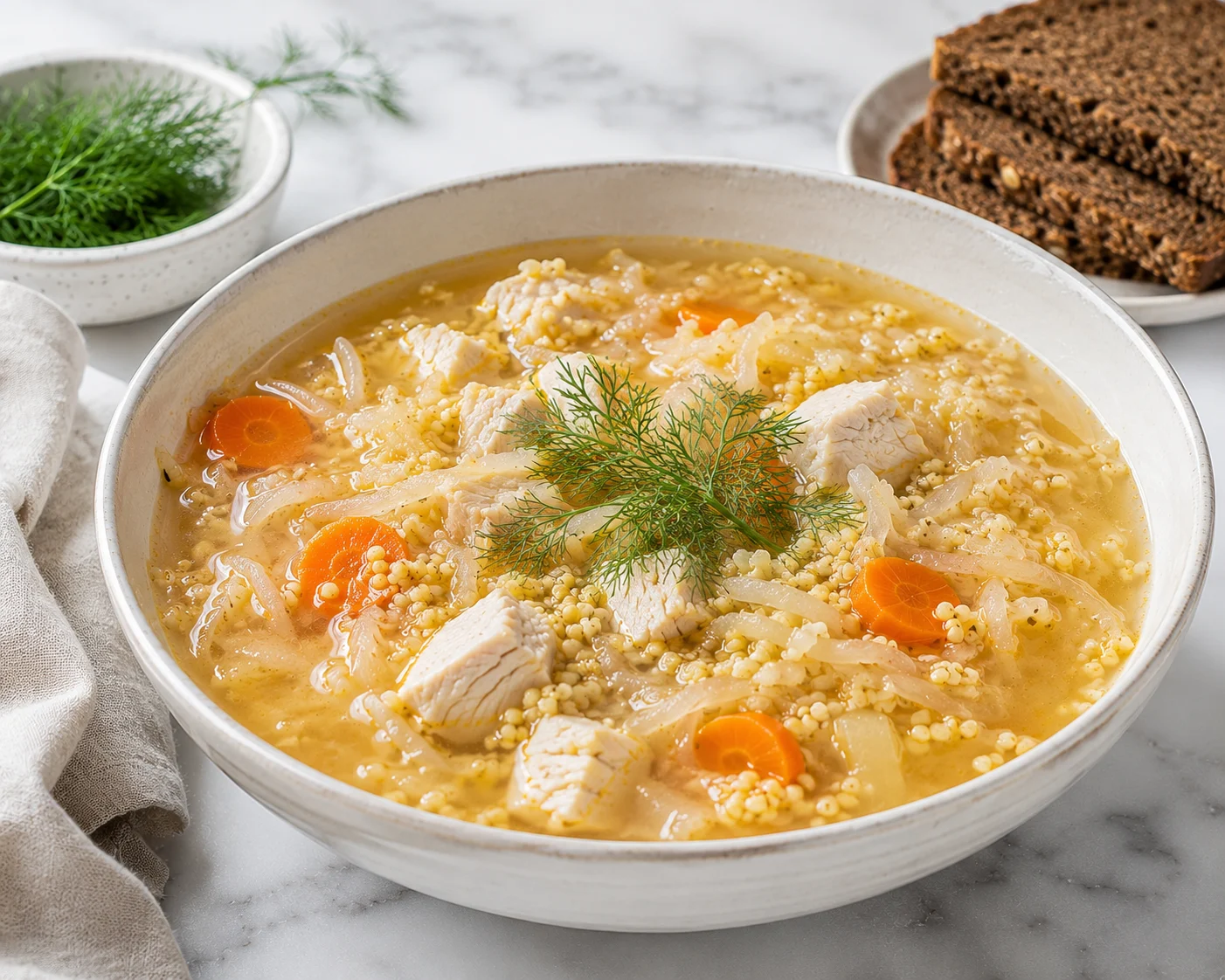 A deep ceramic bowl of finished healthy kapusniak served and ready to eat — the sour-cabbage-and-millet soup, not a stew, not borscht — showing distinct strands of pale fermented cabbage, plump millet grains softened and suspended in clear golden broth, visible chunks of cooked white turkey breast, a few carrot rounds, and a fresh dill garnish on top, with a small side of dark rye bread resting nearby