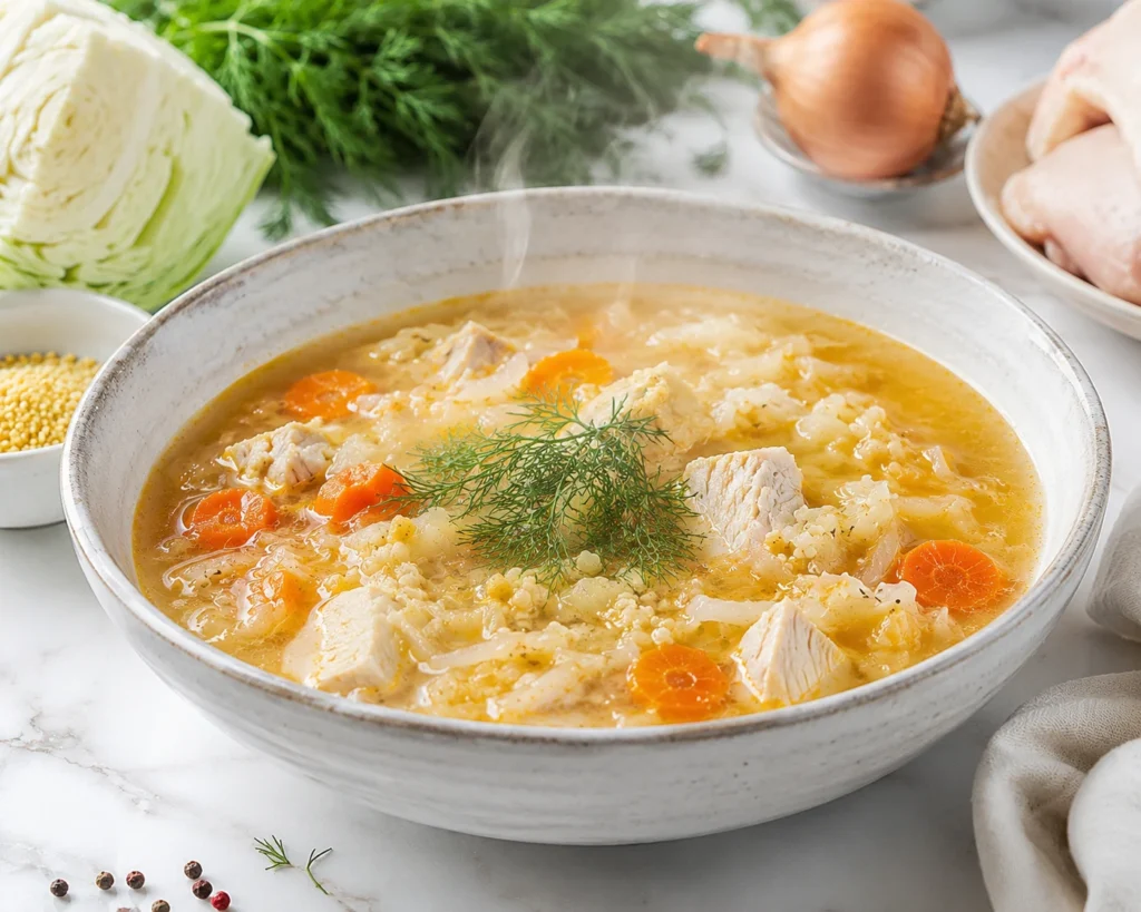 A wide steaming bowl of kapusniak — a chunky Polish-Ukrainian sauerkraut and millet soup, not borscht, not creamy chowder — filled with pale shredded fermented cabbage strands, soft millet grains, tender white turkey breast cubes, sliced carrot rounds, and a golden broth with a faint amber hue, garnished with a small sprig of fresh dill floating on the surface, steam rising in wisps above the bowl