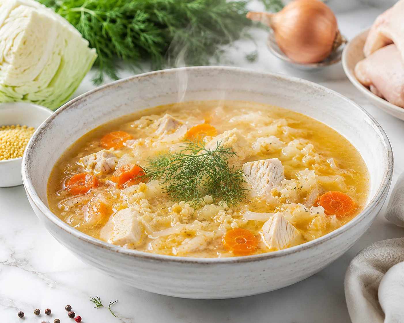 A wide steaming bowl of kapusniak — a chunky Polish-Ukrainian sauerkraut and millet soup, not borscht, not creamy chowder — filled with pale shredded fermented cabbage strands, soft millet grains, tender white turkey breast cubes, sliced carrot rounds, and a golden broth with a faint amber hue, garnished with a small sprig of fresh dill floating on the surface, steam rising in wisps above the bowl
