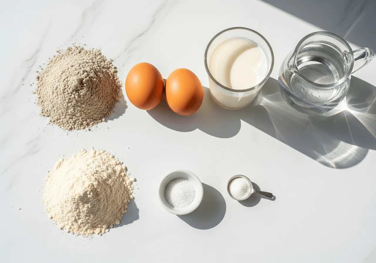 Flat lay of nalysnyky ingredients: a small mound of grey-beige buckwheat flour and a mound of pale whole-wheat flour side by side, two whole brown eggs, a glass of low-fat milk with condensation, a small pitcher of water, a tiny dish of salt crystals, and a teaspoon of white sugar, all arranged with deliberate spacing