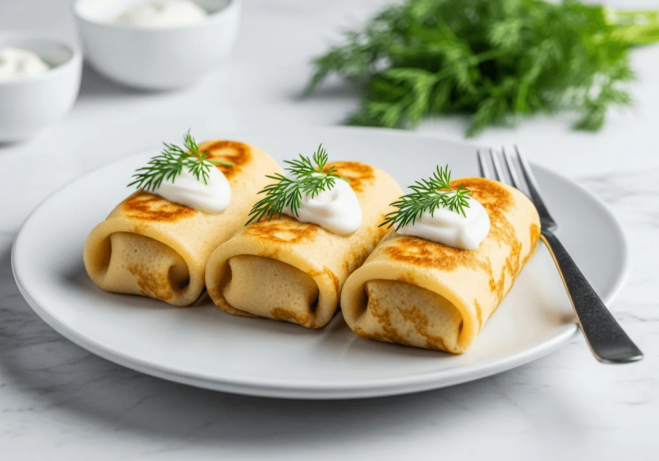 Three plated nalysnyky cylinders — thin rolled crepes filled with low-fat cottage cheese, not dumplings, not stuffed pastries — rest side by side, lightly pan-seared to a pale golden finish on the outside seam, topped with a small spoonful of plain low-fat yogurt and a sprig of dill, with a fork resting at the edge