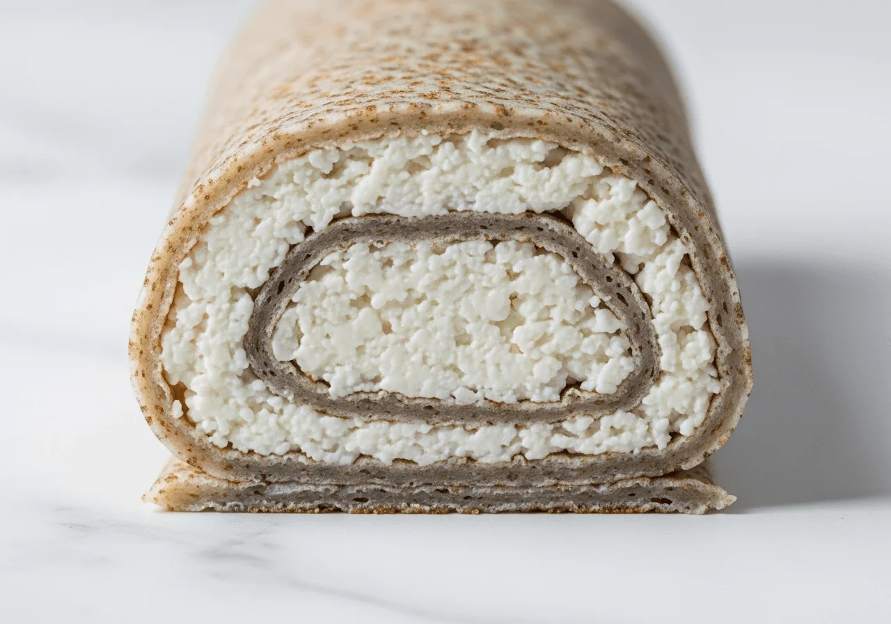 Extreme close-up of a single nalysnyky roll sliced across its middle, revealing the dense white low-fat cottage-cheese filling packed inside the thin buckwheat crepe shell, the crepe layer visibly thin and speckled grey-gold from the buckwheat flour, the cut edge clean and the filling slightly grainy in texture