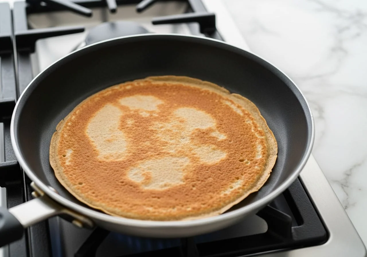 A single thin buckwheat-wheat crepe cooking flat in a light non-stick skillet, the surface dry and matte with the edges just lifting cleanly from the pan, no filling or other ingredients in frame