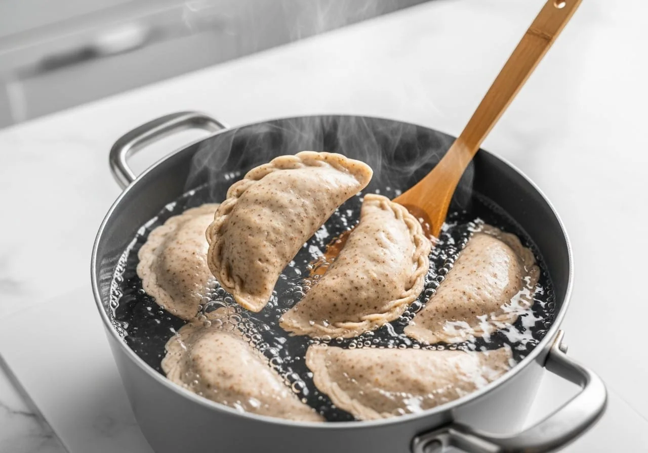 Whole wheat Ukrainian varenyky cooking in boiling water