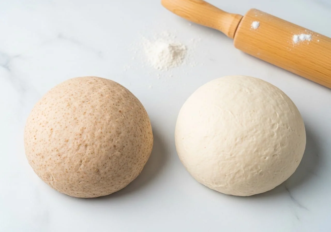 Two healthy varenyky doughs side by side: whole wheat and keto fathead dough