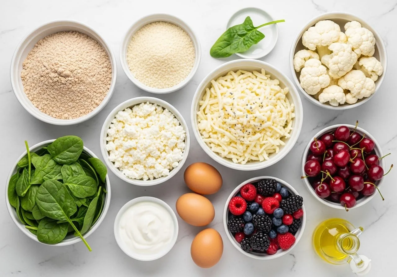 Wholesome ingredients for healthy Ukrainian varenyky on a white marble surface