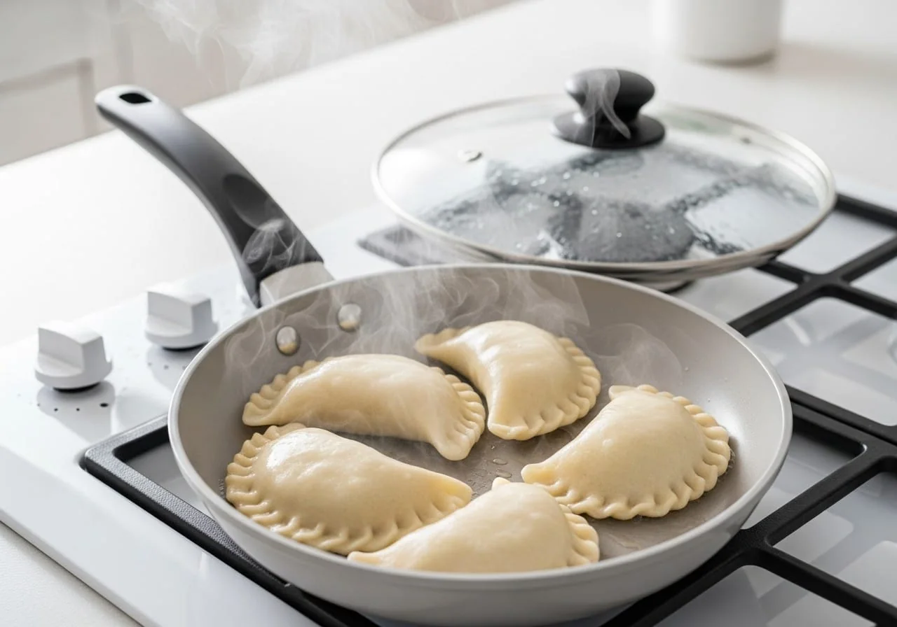Keto fathead-dough varenyky pan-fried with steam under a glass lid in a skillet