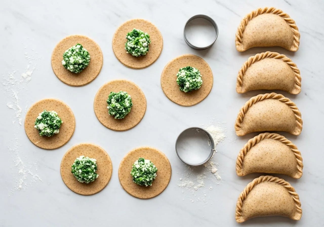 Whole wheat varenyky dough circles with spinach and cottage cheese filling and formed half-moon dumplings