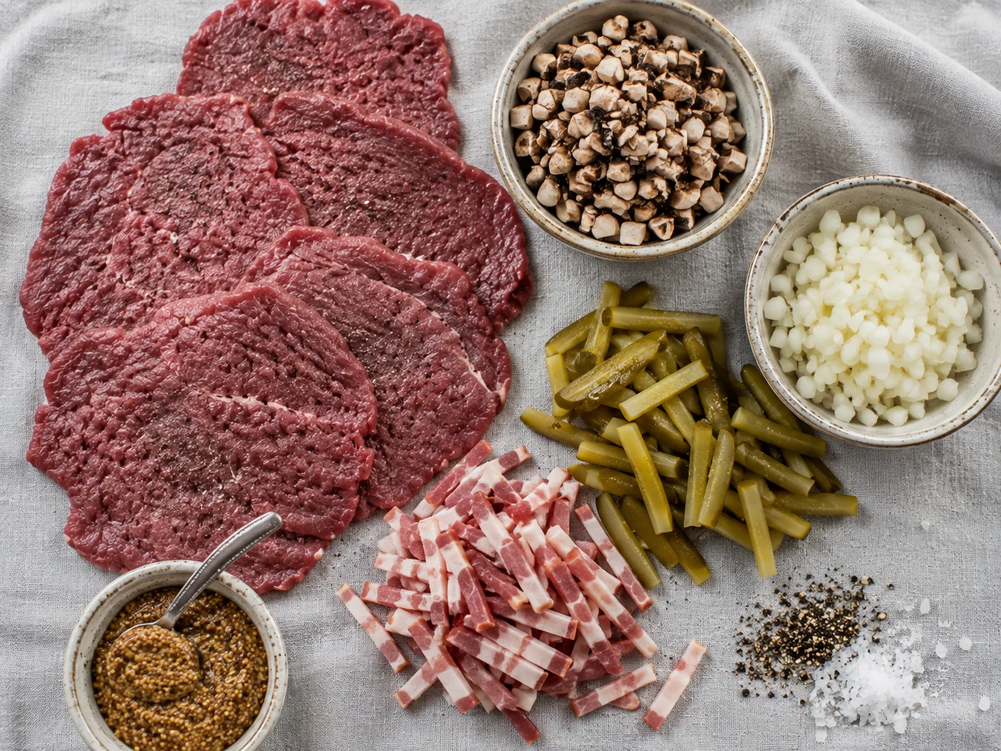 An overhead flat-lay of raw zrazy wołowe ingredients scattered organically — wide pounded beef top round slices fanned loosely at one side, a small bowl of finely chopped cremini mushrooms, a small bowl of diced onion, thin pickle strips tumbled freely, narrow smoked bacon lardons grouped together, a ramekin of grainy Dijon mustard with a small spoon resting in it, and a pinch of black pepper and flaked salt set to one corner, the arrangement relaxed and natural with slight overlapping between elements.