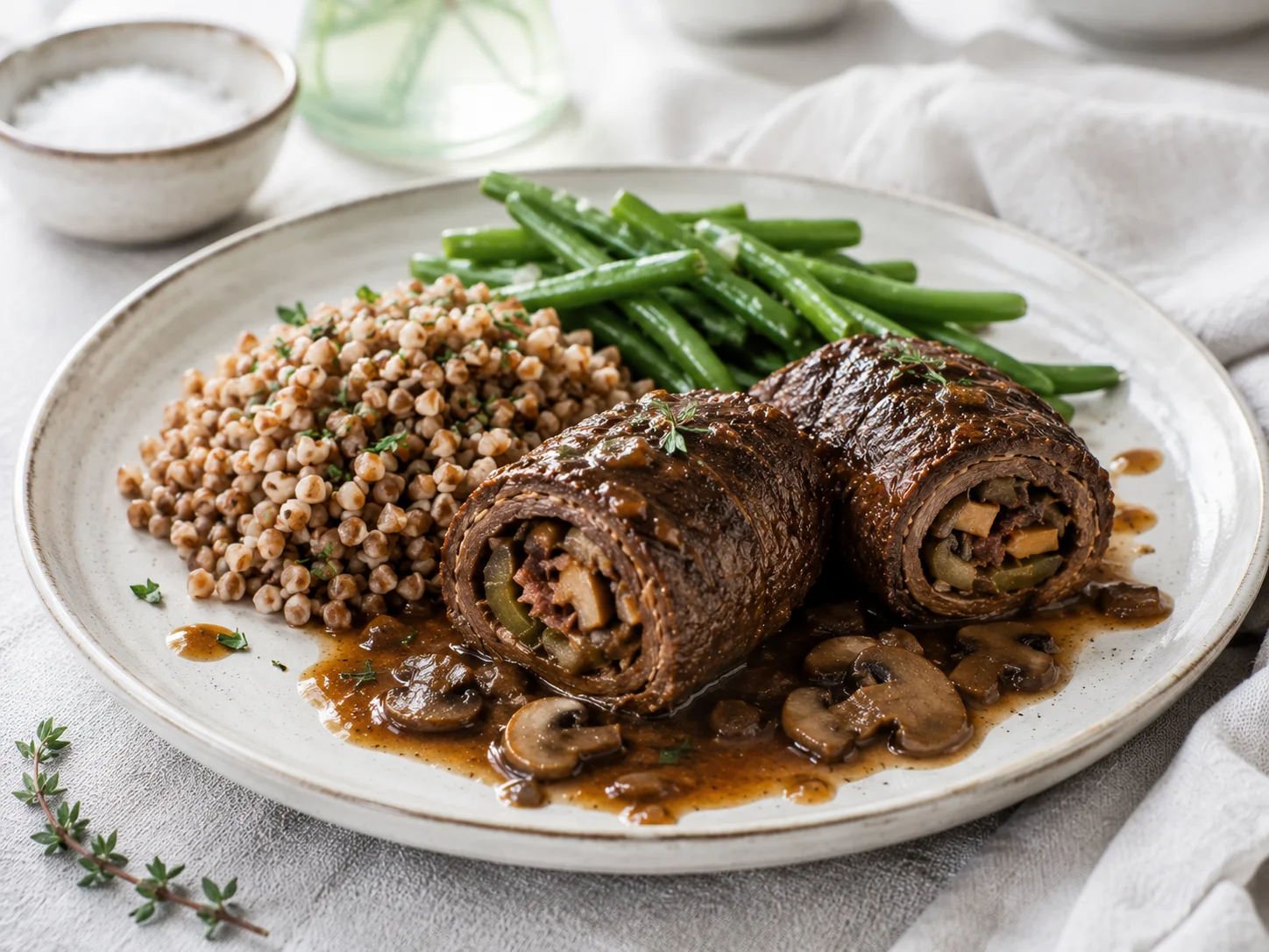 A three-quarter angle shot of healthy zrazy wołowe plated beside simple side accompaniments — two braised beef roulades resting in a shallow pool of reduced mushroom pan sauce, accompanied by a mound of steamed buckwheat and a small cluster of briefly blanched green beans alongside, the rolls showing a lightly caramelized exterior with visible herbs, the entire plate styled in an unfussy, everyday-elegant manner with a few drops of sauce dotted deliberately around the plate.