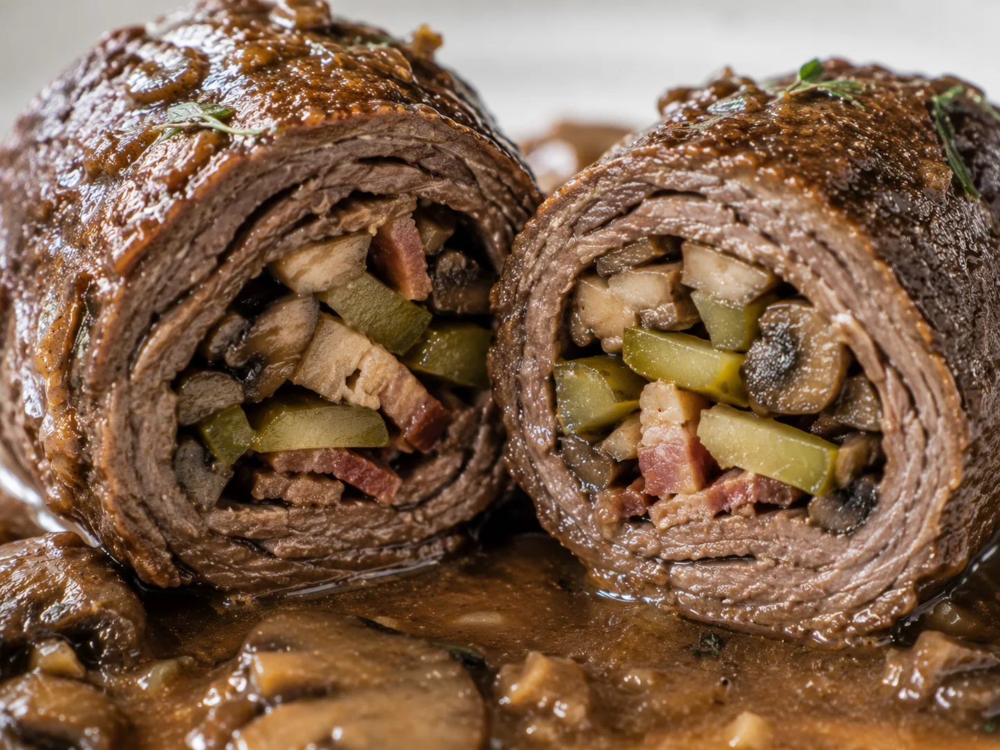 An extreme close-up of a single zrazy wołowe roulade that has been sliced cleanly through the middle and gently pulled apart to expose its cross-section — the thinly pounded beef rolled around a compact filling of chopped mushrooms, slender dill pickle strips, and thin bacon slivers inside, the braised meat showing a deep brown exterior with moist, tender fibres, the cut edge glistening slightly from the cooking juices, small natural irregularities in the roll visible to confirm it is a hand-made, real braised beef roulade and not a meatball or stuffed pastry.