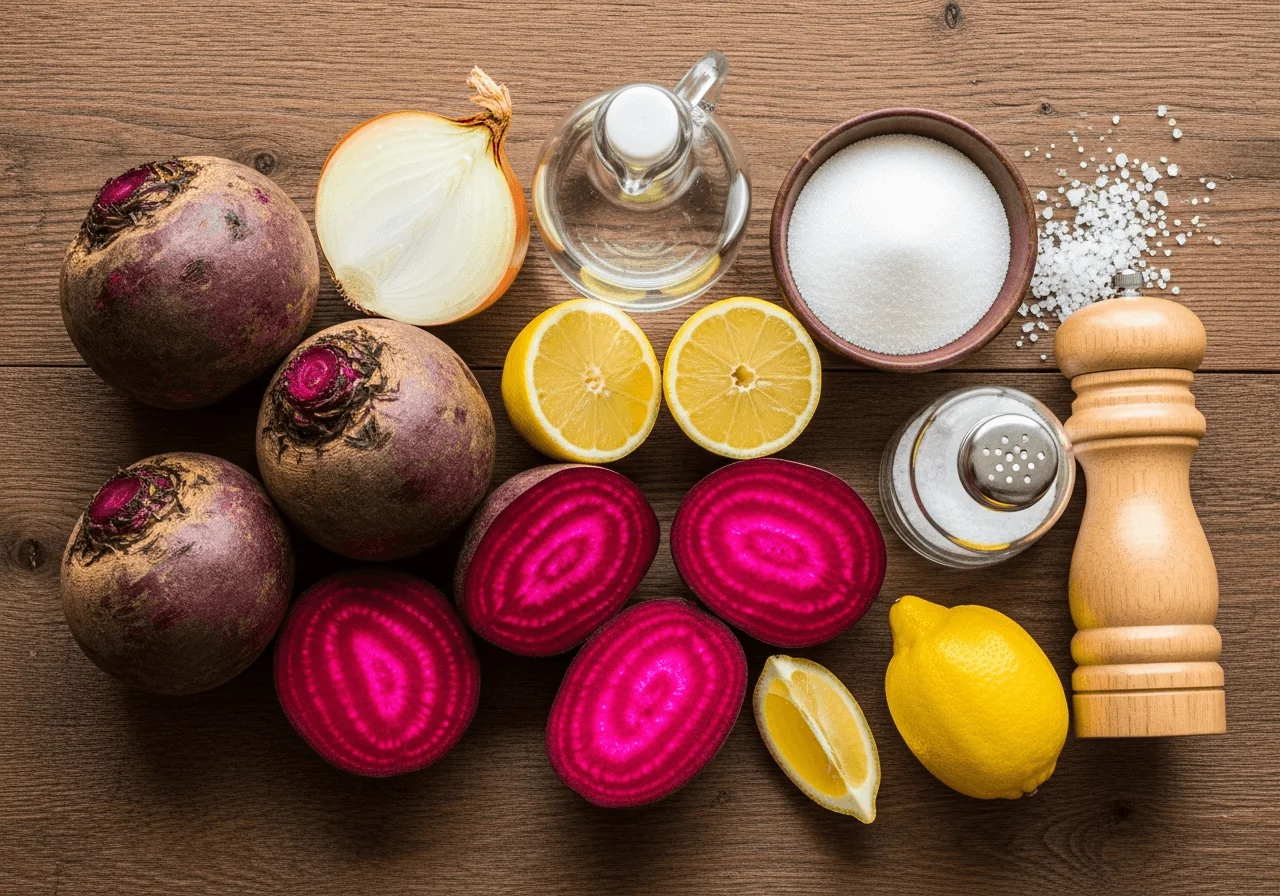 Whole raw beets with deep purple-red skin next to two beets halved to show their vivid magenta flesh, a halved yellow onion, a small glass pitcher of clear white vinegar (no oil), two whole lemons plus lemon halves and a wedge, a bowl of white sugar with coarse salt scattered beside a salt shaker, and a wooden pepper grinder, arranged on a rustic wood table