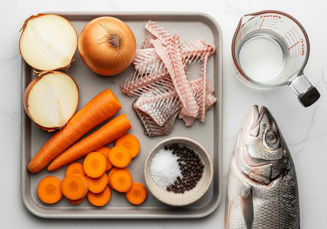 Raw ingredients for gefilte fish stock and patties on a metal tray: fish bones and skin with fine bones visible, two halved yellow onions and one whole onion, whole carrots and carrot rounds, a small bowl of coarse salt and whole black peppercorns, and a glass measuring cup of water, with a whole raw fish resting beside the tray.
