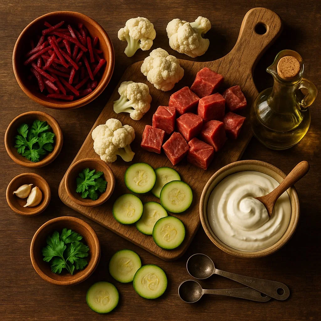 Keto Ukrainian borscht ingredients on a wooden board: julienned beets, cauliflower florets, cubed beef, sliced zucchini, full-fat sour cream, olive oil and fresh herbs