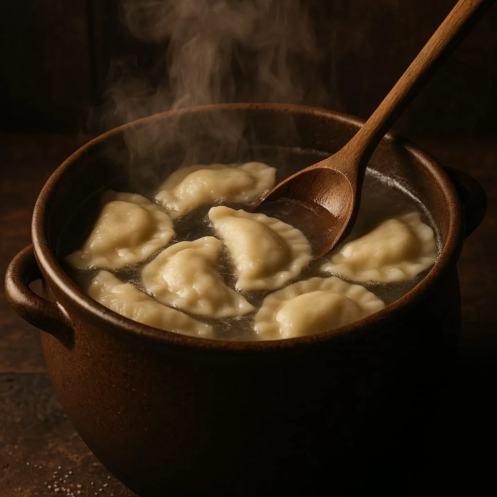 Polish pierogi floating in gently boiling water in a rustic clay pot, lifted with a wooden spoon