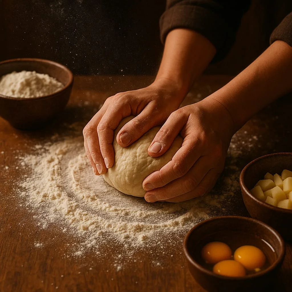 Hands kneading pierogi dough on a floured wooden board beside bowls of flour, egg yolks and diced potato