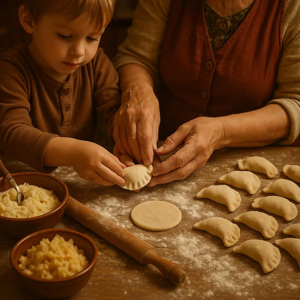 A grandmother and young child shaping Polish pierogi together at a flour-dusted wooden table, with bowls of potato filling and rows of formed dumplings