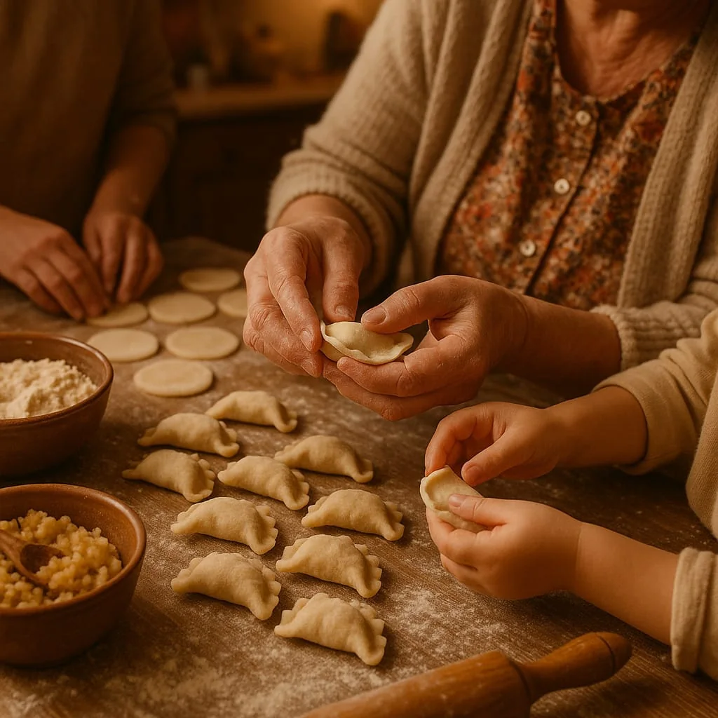 Hands crimping the edges of Polish pierogi, with neat rows of formed half-moon dumplings and rounds of rolled dough