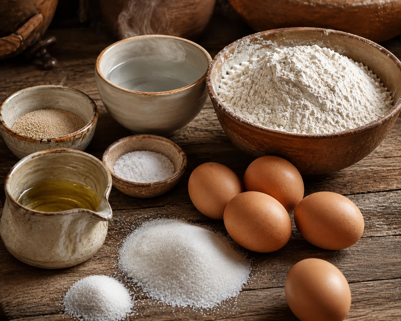 Arranged flat on a neutral surface: a small bowl of active dry yeast granules beside a cup of warm water with a faint wisp of steam, a larger bowl of white all-purpose flour dusted lightly at the rim, four whole brown eggs plus one extra egg set slightly apart, a measuring cup of clear pale vegetable oil catching soft light, a small dish of fine white salt crystals, and a neat pile of granulated sugar with a separate smaller portion portioned out to the side — all ingredients unmixed, raw, and clearly individual.