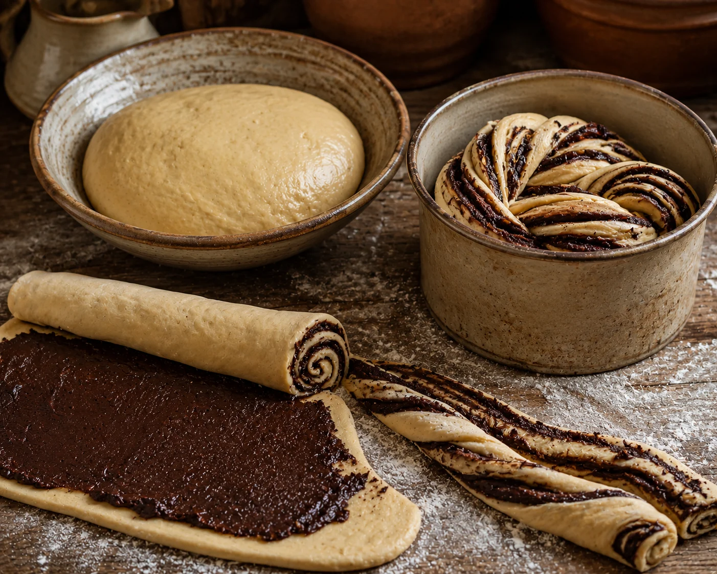 A large ceramic mixing bowl holds a smooth, pale-yellow enriched yeast dough, slightly shiny from the oil and eggs, with a soft, elastic surface; beside it a floured work surface shows a flattened rectangle of dough spread with a generous layer of dark chocolate filling being rolled tightly into a log, the spiral cross-section exposed at the cut end where the log has been sliced lengthwise and twisted into a braid before being tucked into a deep cylindrical loaf pan — the unbaked twisted loaf sits in the pan, dough coils spiraling visibly upward.
