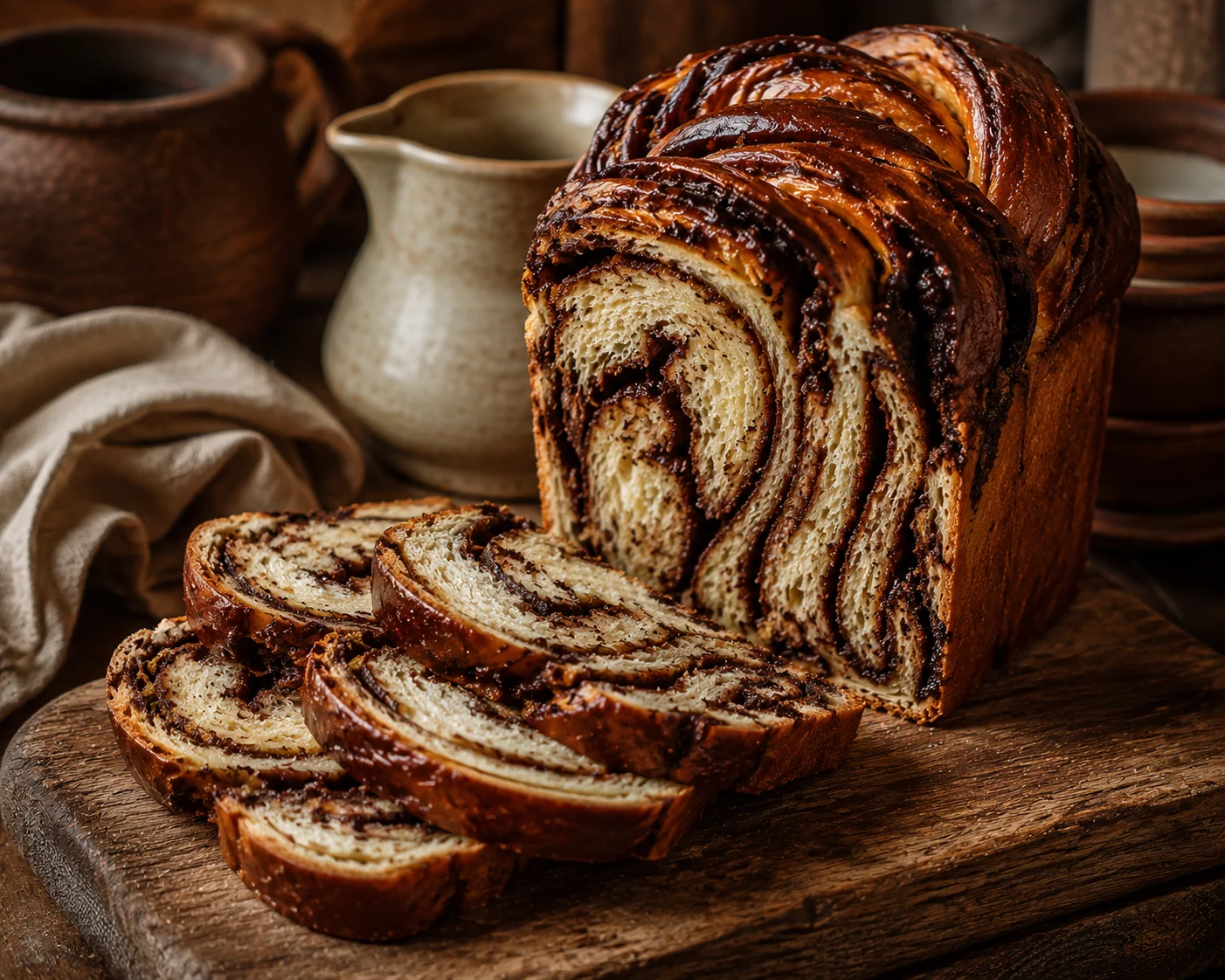 A single sliced babka loaf stands tall on a wooden board — the exterior a deep caramel-brown, lacquered with a thin egg-wash glaze that catches the light; three even slices lean gently forward revealing the swirling dark chocolate ribbon coiled through the soft, slightly open crumb in tight spirals; the texture is moist and tender, the layers thin and distinct, a few chocolate streaks glistening at the cut edges — a tall twisted sweet yeast loaf, not a bundt cake, not a strudel, not a filled roll.