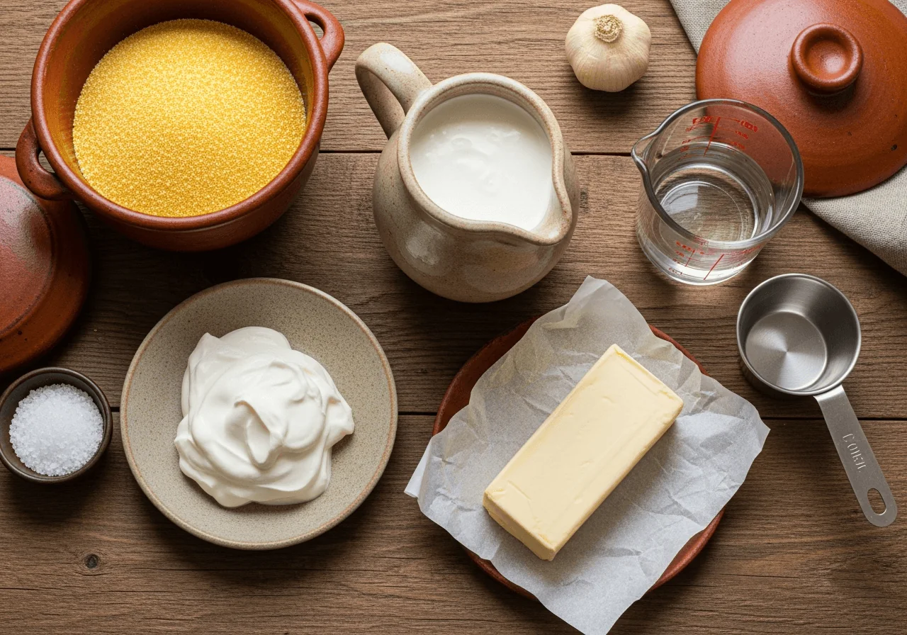 Flat lay of raw ingredients for banosh: a small heap of dry coarse yellow cornmeal, a ceramic pitcher of thick heavy cream, a dollop of full-fat white sour cream in a small dish, a stick of unsalted butter on parchment, a pinch of coarse salt in a tiny bowl, and a small measuring cup of water, all arranged loosely together
