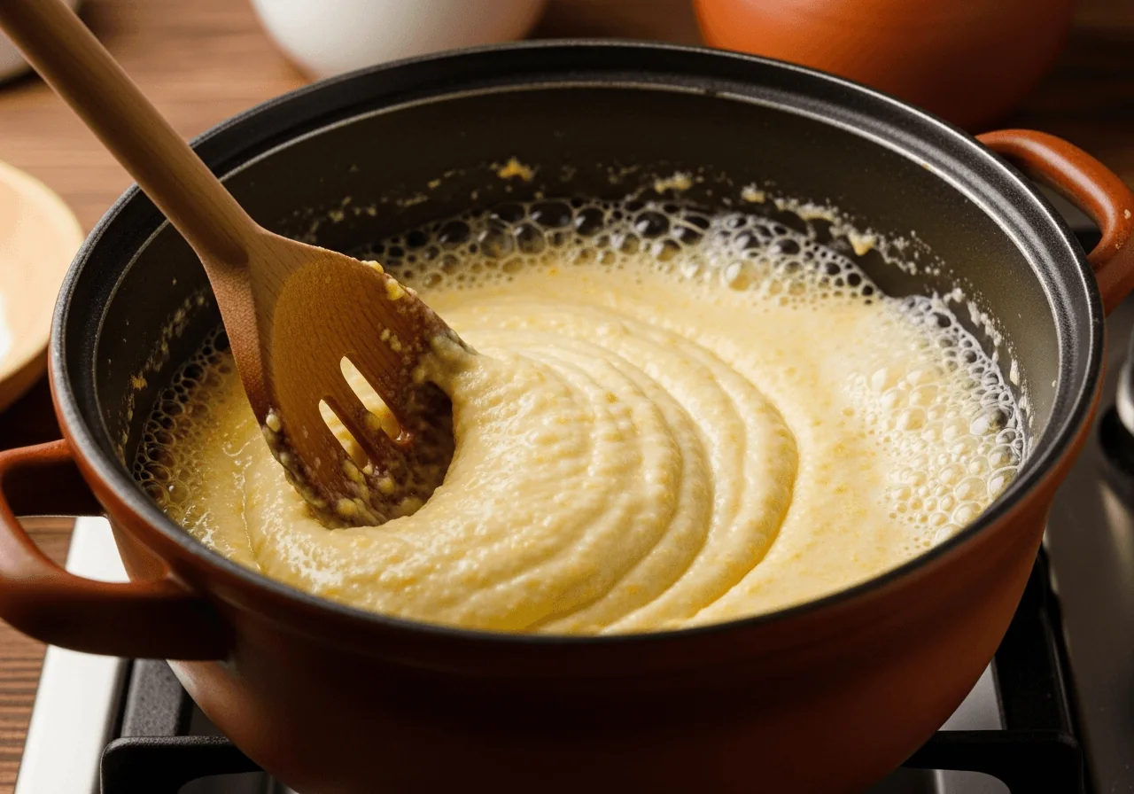 A heavy-bottomed pot on a flame holds thickening banosh porridge mid-cook — the pale yellow cornmeal mixture is being stirred vigorously with a wooden spoon, the surface bubbling slowly with thick, lazy pops, the cream-enriched porridge visibly pulling away from the sides of the pot and developing a smooth, glossy, dense consistency characteristic of properly cooked banosh