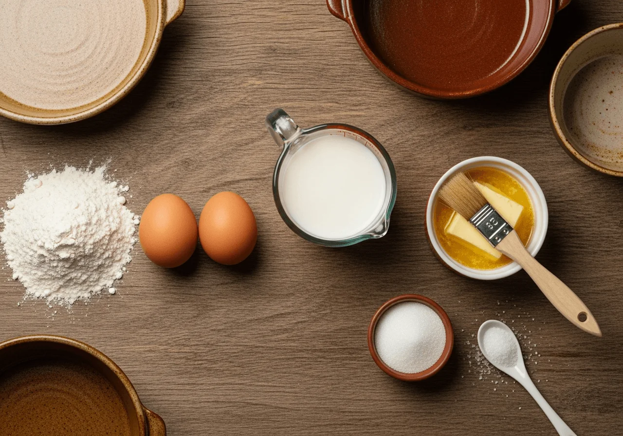 Flat-lay of blintz ingredients in their raw state: a small mound of white all-purpose flour, two whole brown eggs side by side, a glass measuring cup filled with whole milk, a small ramekin of melted pale yellow butter with a pastry brush resting across it, a tiny bowl of white granulated sugar, and a pinch of fine salt in a ceramic spoon, all arranged with generous negative space between each component