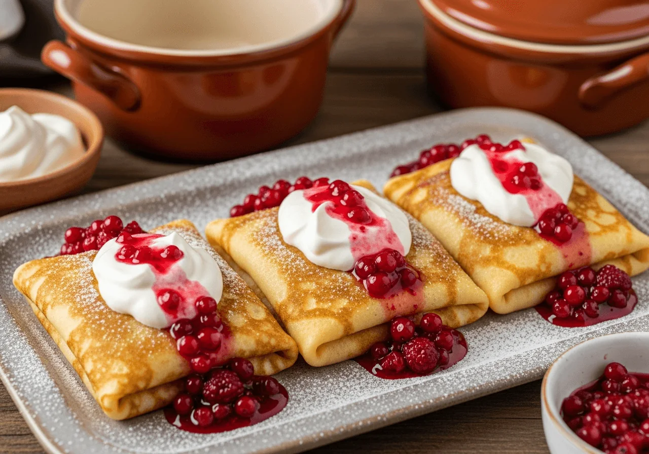 Three golden blintzes — thin crêpes folded into neat rectangular parcels and pan-fried until each side is evenly golden-brown with faint crisp patches — arranged on a surface, topped with a generous dollop of cool white sour cream, a scatter of fresh red berry compote pooling at the edges, and a fine dusting of powdered sugar, these are filled folded crêpes, not dumplings, not crepes left open