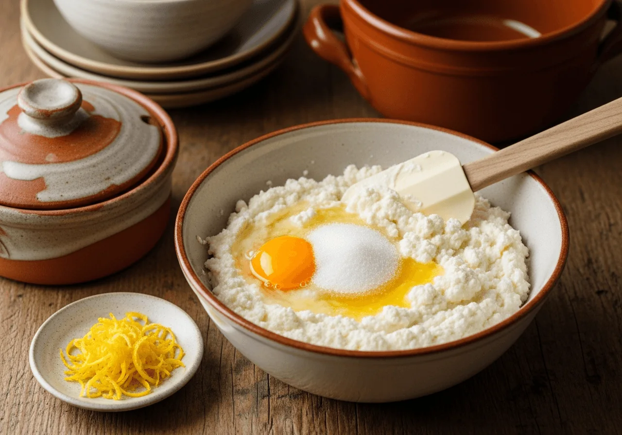 A ceramic bowl holds the classic blintz filling: smooth white farmer's cheese mixed with a beaten egg yolk, a spoonful of sugar, and a whisper of vanilla, the mixture pale ivory and slightly grainy in texture with a soft matte surface, a rubber spatula resting in the bowl and a small dish of lemon zest curls alongside