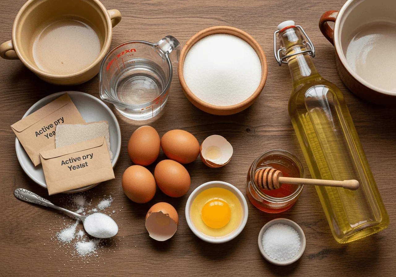 A flat-lay of challah ingredients arranged in an organized cluster: two small envelopes of active dry yeast beside a glass measuring cup of warm water, a bowl of granulated white sugar, four whole brown eggs plus a fifth cracked into a small dish showing golden yolk for the egg wash, a bottle of pale neutral vegetable oil, a small jar of amber honey with a wooden dipper, and a neat pile of fine salt on a spoon, all grouped naturally with a small scattering of flour nearby.