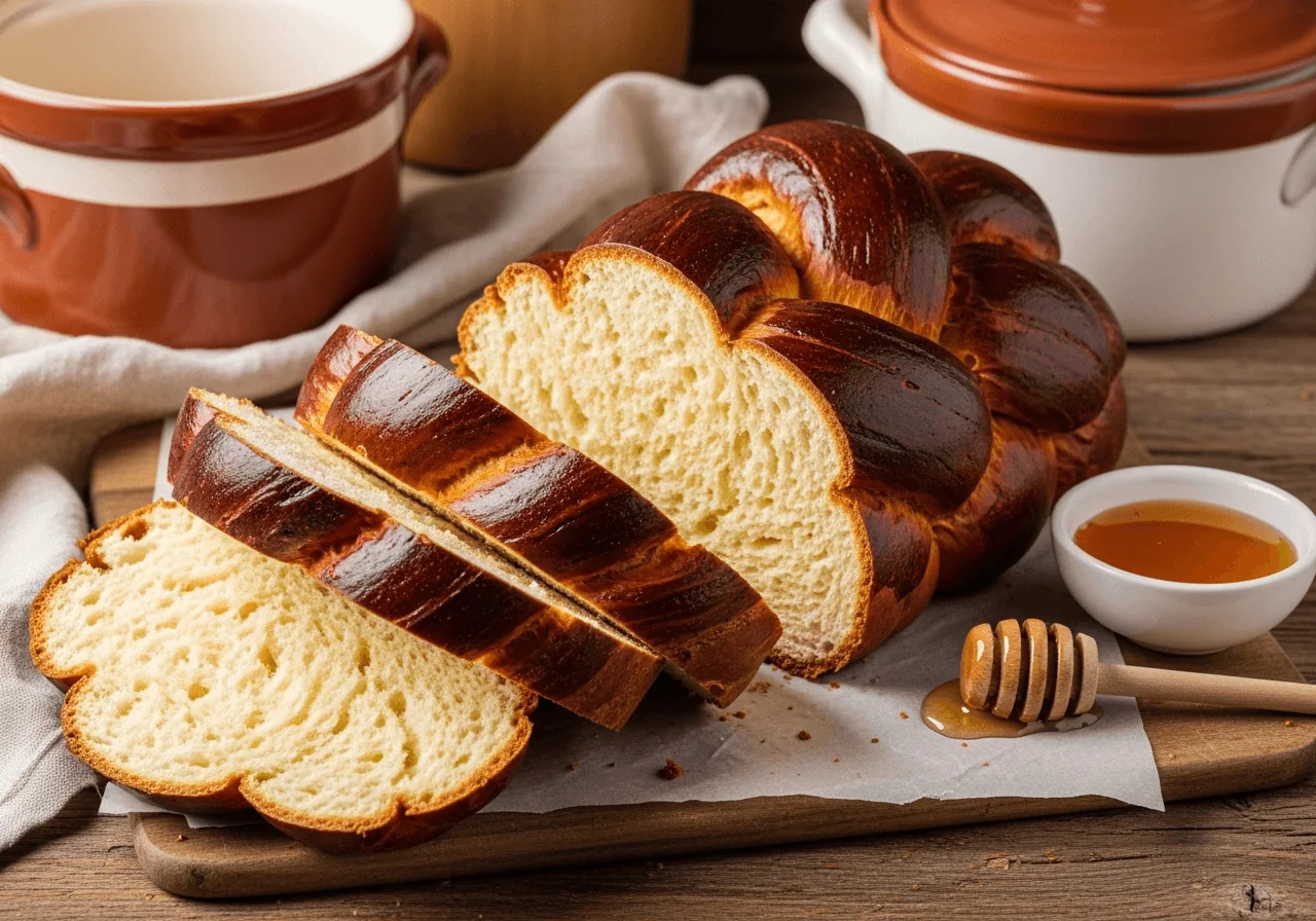 A single sliced challah loaf showing its interior: the crust a deep burnished mahogany from the egg wash, the crumb a soft, tender, pillowy golden-yellow with a fine, slightly sweet-smelling texture, each braided section pulling apart in gentle, feathery strands, two thick slices leaning against the remaining loaf, a small dish of honey placed beside it to indicate the traditional serving, the portion size suggesting one of two loaves yielding twelve to sixteen slices.