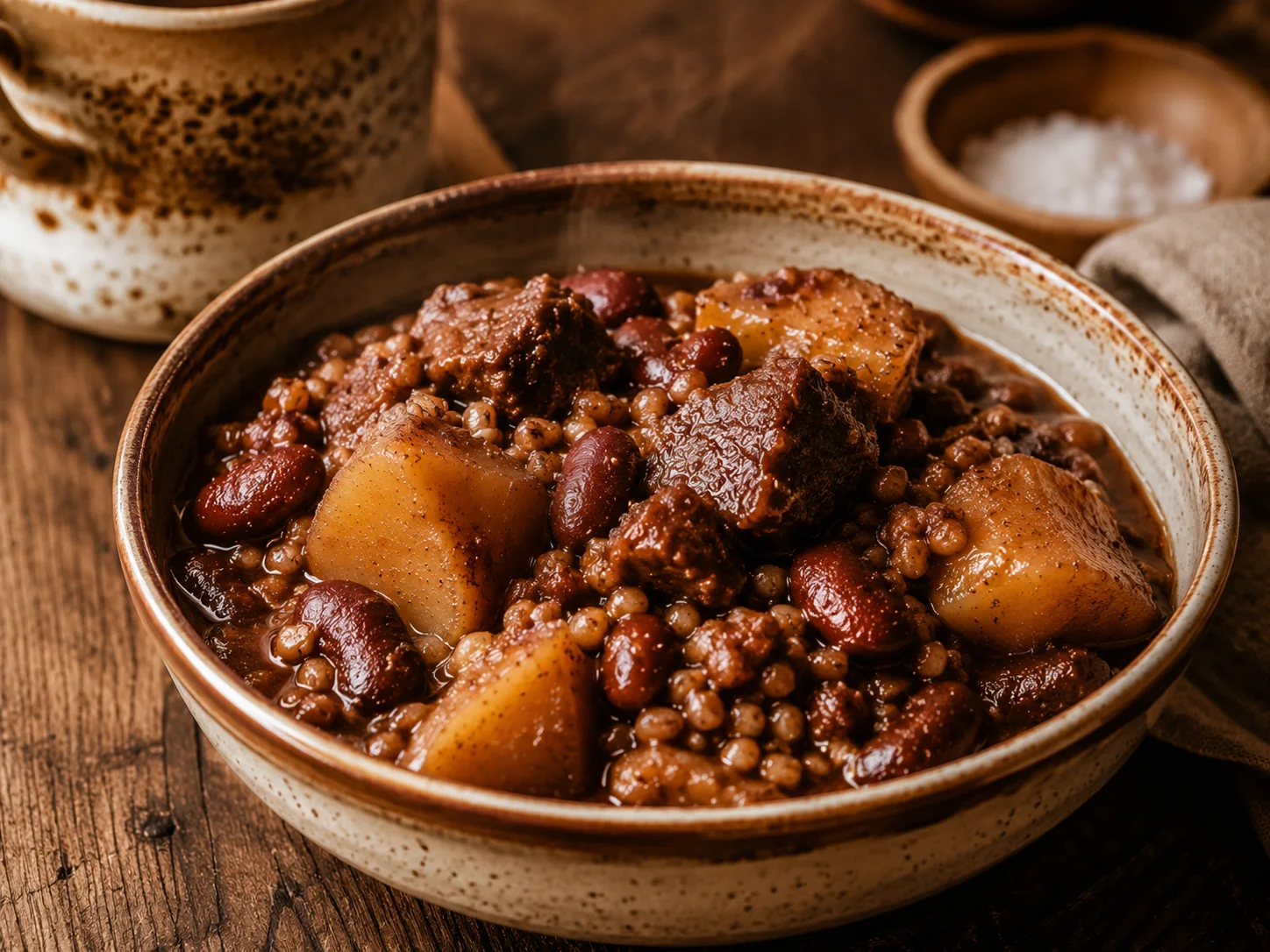 A close-up, slightly angled shot of a deep bowl of traditional cholent served ready to eat — a generous ladle-portioned mound of fork-tender beef pieces, whole softened kidney beans, plump pearl barley grains, and caramelized potato quarters sitting in a spoonful of thick, syrupy dark braising liquid, steam just visible rising from the surface, the textures richly matte and glossy in the same frame.