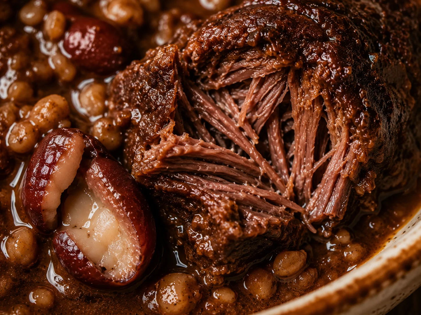 An extreme close-up of a single piece of slow-braised beef chuck from a cholent, torn open with a fork to reveal the fibrous, pull-apart interior — dark mahogany crust giving way to deep auburn, juicy meat fibers inside, a swollen kidney bean split open beside it showing its creamy pale interior, all sitting in a shallow pool of thick, glossy cholent liquid with a few pearl barley grains clinging to the surface.
