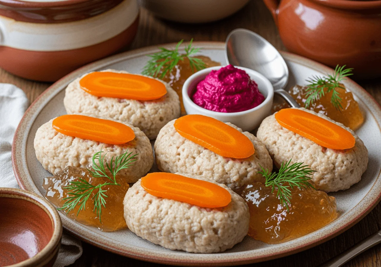 Four chilled gefilte fish oval patties served on a dish, each crowned with a glossy cooked carrot round, surrounded by spoonfuls of set translucent amber fish jelly, with a small ramekin of bright magenta beet horseradish alongside and a few fresh dill fronds scattered over the jelly, the patties pale and firm-textured showing their poached, not fried, matte surface.