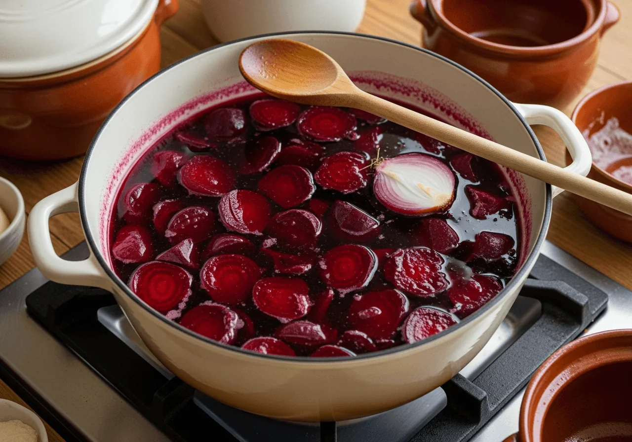 A large wide pot on a lit stovetop holds deep ruby-red beet broth at a gentle simmer, raw quartered beets fully submerged in the crimson liquid, their color bleeding richly into the water, a wooden spoon resting across the rim and a halved onion visible bobbing near the surface, the broth visibly darkening as it cooks down into a concentrated, translucent deep-red soup