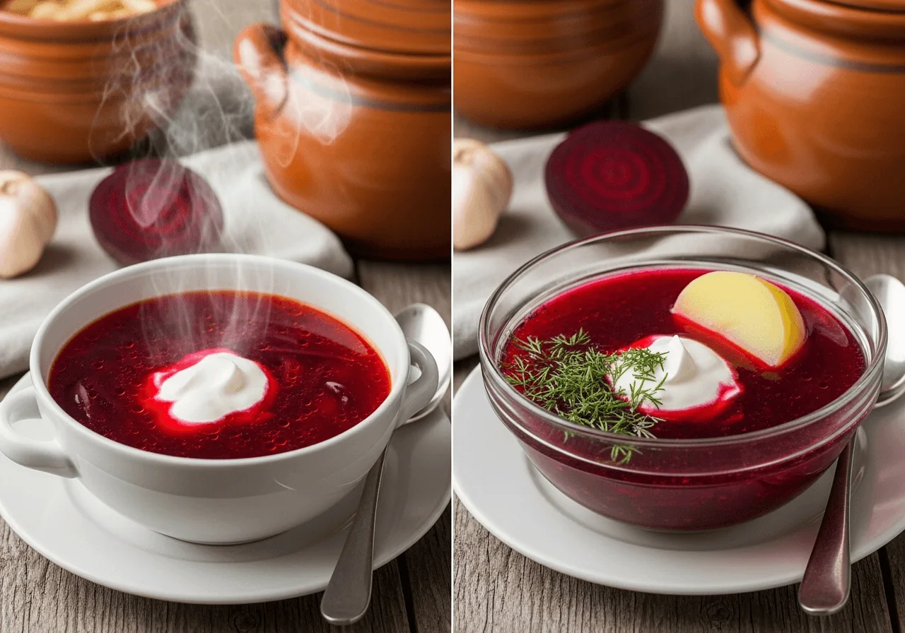 Two servings of the finished clear deep-red beet soup — one steaming hot in a classic soup bowl and one chilled in a glass bowl showing its slightly more intense, jewel-like color — each topped with a generous spoonful of thick white sour cream and a sprinkle of fresh dill, a boiled potato half resting in the cold version, illustrating the same broth served two ways