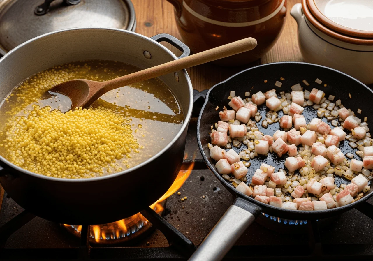A wide heavy-bottomed pot on an open flame with golden-yellow millet simmering in cloudy broth, while in a separate iron skillet beside it, diced salo and chopped onion sizzle and render, the onion turning deep amber and the fat cubes shrinking and crisping at their edges, with a wooden spoon resting across the pot.