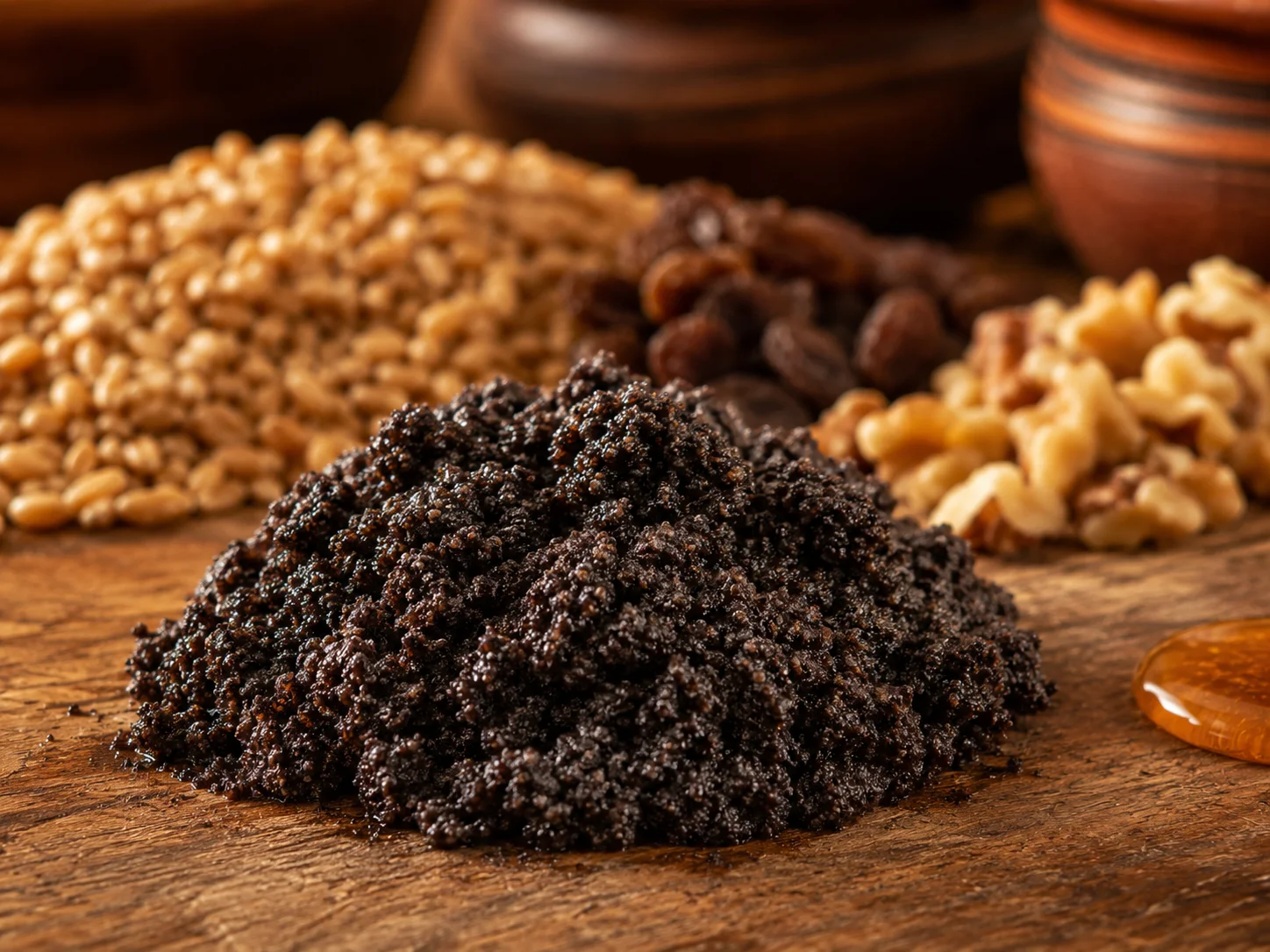 A macro close-up of a small mound of finely ground poppy seed paste, dark brown-black and glossy from its released oils, in sharp focus at the centre of the frame, with the remaining ingredients softly blurred behind it: whole raw wheat berries, a scatter of chopped walnuts, dark raisins, and a small pool of amber honey, all out of focus.