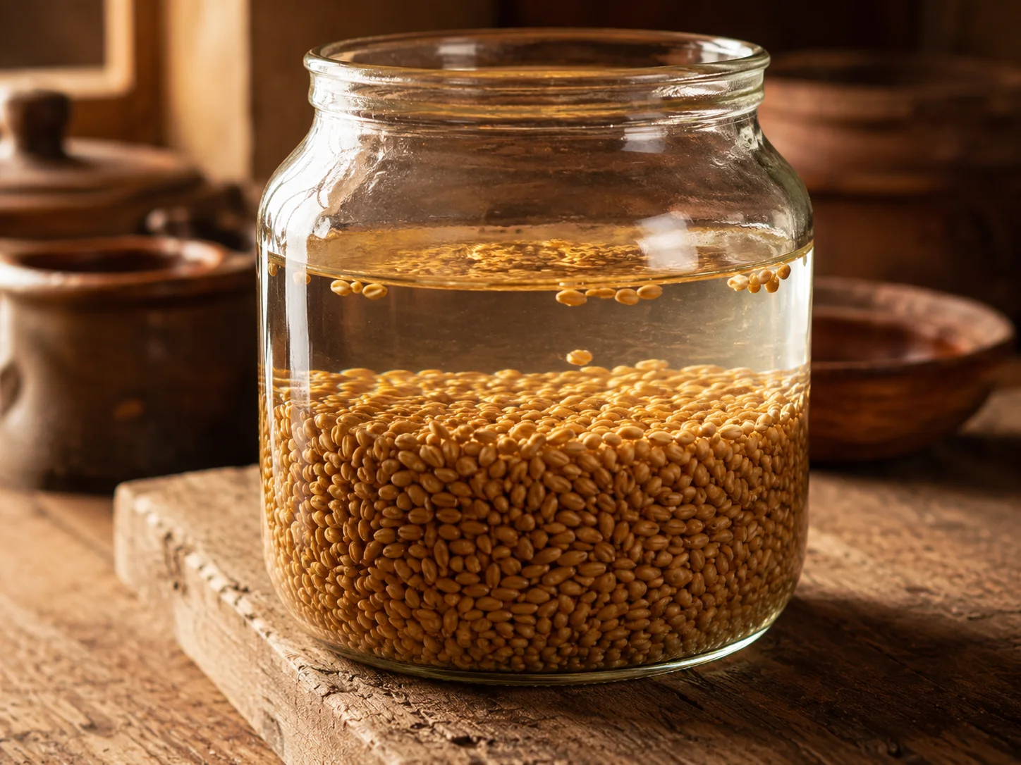 Whole wheat berries submerged in cold water inside a heavy glass jar, close-up, the pale golden-brown grains visible through the glass suspended in clear water that fills the jar to at least two inches above the grain, a few stray berries drifting near the surface, the jar resting undisturbed with no hands or utensils in the frame.