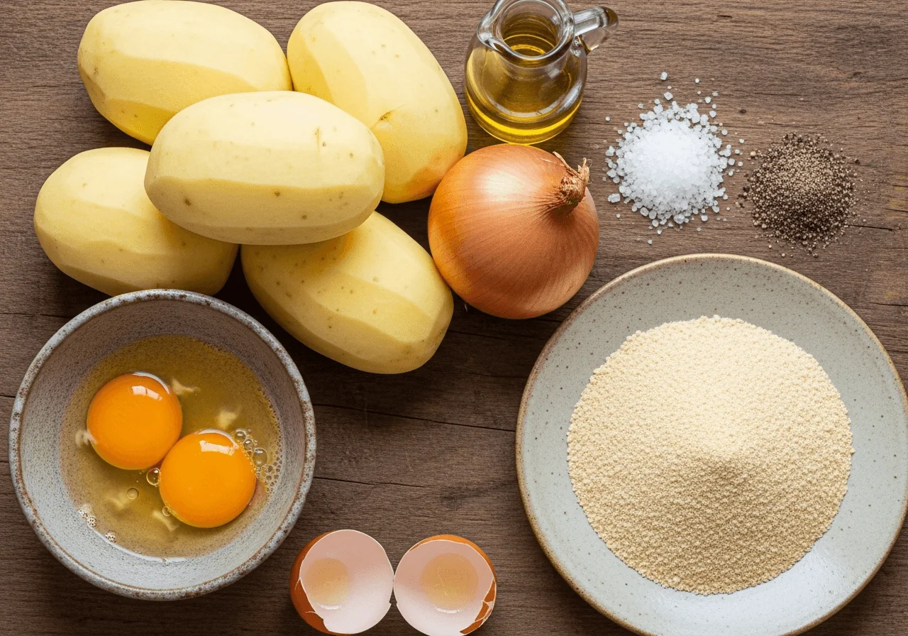 A close overhead arrangement of the raw ingredients for latkes: four large peeled starchy potatoes and one peeled whole onion sitting together, two cracked eggs in a small bowl showing beaten yolk, a shallow dish of fine pale matzo meal, a small pile of coarse salt crystals, and a neat pinch of freshly ground black pepper, all grouped naturally with a small bottle of neutral oil nearby