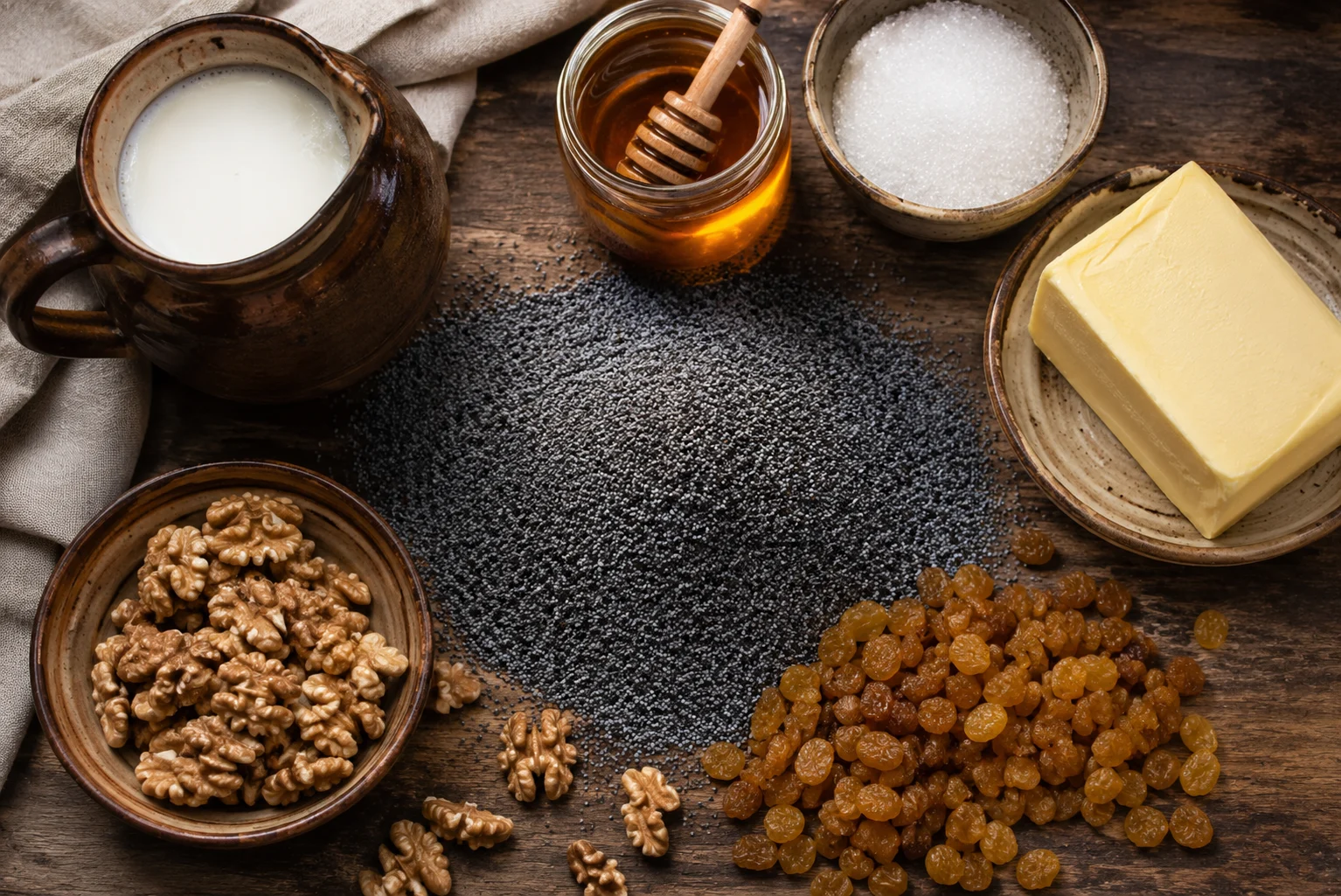 Fresh ingredients for Traditional Polish Makowiec: 300g poppy seeds, 200ml whole milk, 100g honey, 50g granulated sugar, 50g unsalted butter, 80g walnuts, finely chopped, 80g raisins