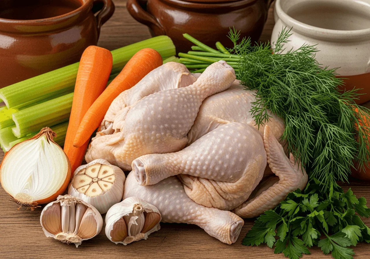 A loose, abundant arrangement of raw soup ingredients: a whole raw chicken with golden skin, bone-in drumsticks and thighs glistening with moisture, rough chunks of peeled orange carrot, thick celery stalk pieces with pale green inner ribs showing, a large onion quartered to reveal its translucent white layers, three smashed garlic cloves flattened and papery, a full bushy bunch of fresh dill with its feathery fronds fanning outward, and small sprigs of flat-leaf parsley with dark green leaves