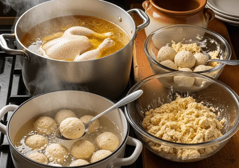 A large heavy stockpot on a burner holds a simmering golden broth with a whole chicken submerged beneath the surface, wisps of steam rising, while nearby a glass mixing bowl contains a shaggy matzo meal dough — pale yellow and slightly oily from schmaltz and eggs — being chilled beside it, and a separate pot of gently boiling water receives hand-rolled round matzo balls carefully lowered in with a spoon, the balls round and soft, expanding as they cook