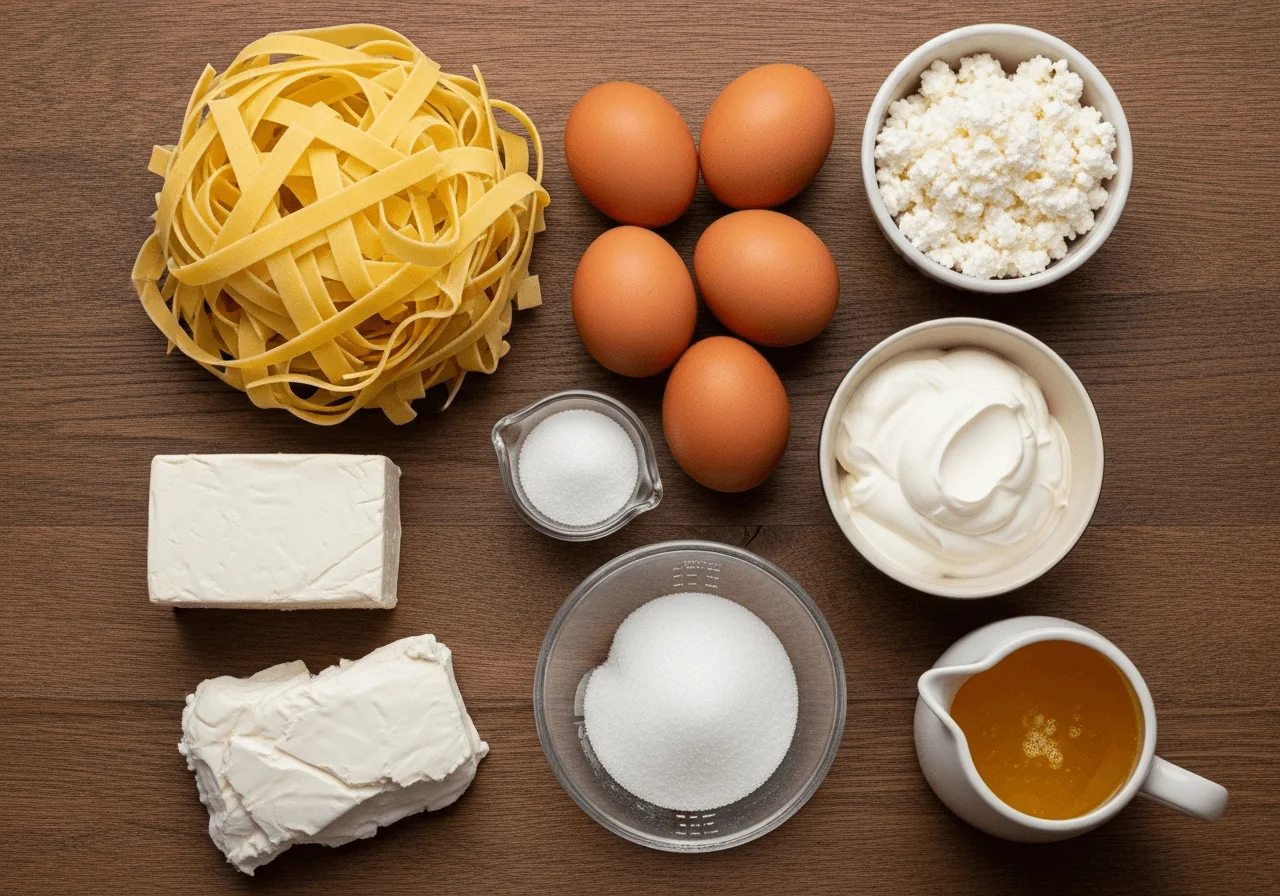 A flat lay of all raw kugel ingredients arranged in an organized cluster: a mound of dry wide egg noodles (broad, flat, pale yellow ribbons), six whole brown-shelled eggs, a small bowl of white cottage cheese with visible curds, a dollop of thick sour cream, a softened block of cream cheese slightly slumped at room temperature, a measured cup of granulated white sugar, and a small pitcher of golden melted butter, all components clearly separated and identifiable.