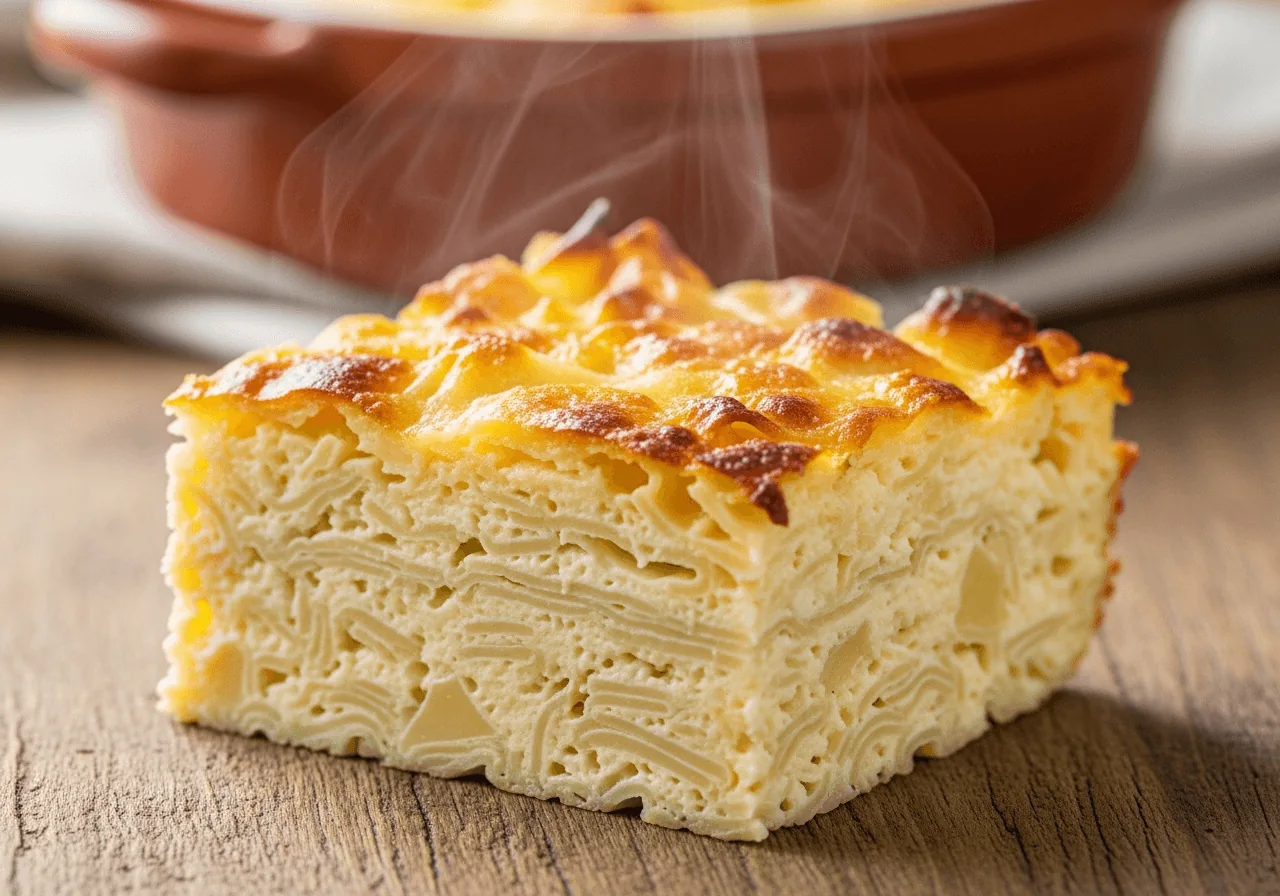 A single generous square of baked noodle kugel served on its own — the portion reveals a golden-brown crust on top with slightly crisped noodle tips, a soft, dense, custardy interior of pale cream-colored set egg-and-cheese filling laced with wide egg noodles, the sides of the square showing clean layers where the custard has fully set, steam still faintly rising, the texture clearly rich and pudding-like, neither dry nor liquid.