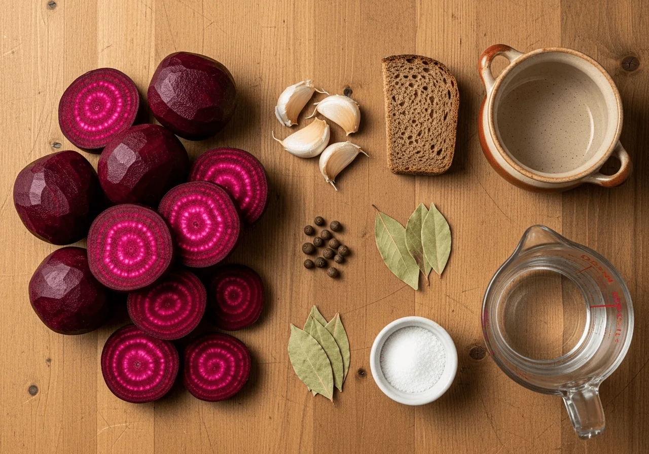 Flat-lay of raw ingredients for barszcz czerwony: a pile of whole peeled deep-purple raw beets already sliced into thin rounds showing their dramatic crimson flesh and concentric rings, three lightly crushed whole garlic cloves, a small dark heel of dense sourdough rye bread crust, four round allspice berries, three dried bay leaves, a small bowl of fine white salt, and a measuring jug of warm water, all arranged with generous spacing to show each element individually